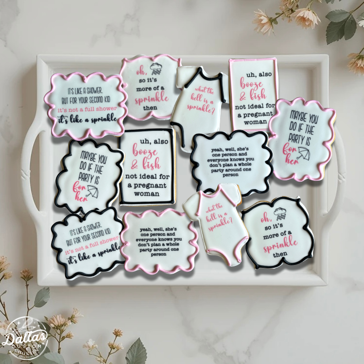 Pink Black Funny Schitts Creek Plaque & Onesie Baby Shower Sprinkle Sugar Cookies Themed Gift--12 Count