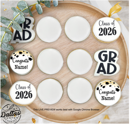 Custom YOUR LOGO HERE Direct Printed Pre-Designed Set of Graduation Cookies "Live Preview"--12 Count