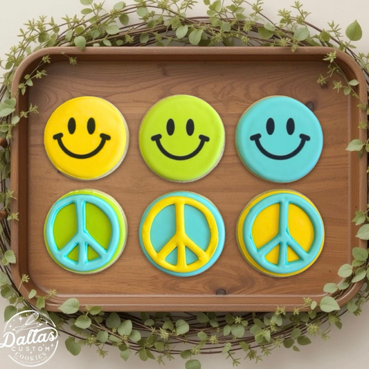 Smiley Faces & Peace Signs Disco Groovy Retro Party Themed 70s Cookies --12 Count