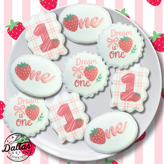 Custom Printed "Berry First Birthday" Berry Strawberry One Red and Pink Strawberry Patch Cookies -12 Count