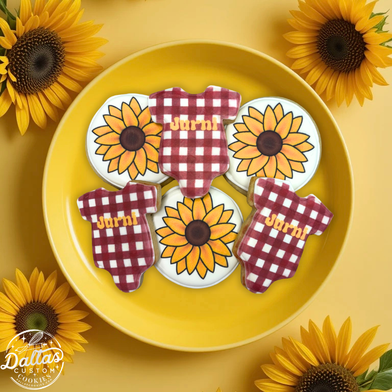 Sunflower Spring Picnic Themed Farm Baby Shower Cookies --12 Count