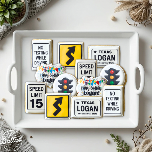 No Texting+ Street Signs + 15th Birthday Learners Permit 16th Birthday New Driver Driving Themed Cookies--12 Count