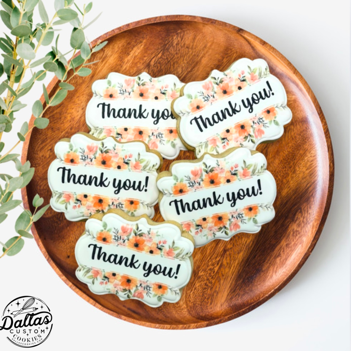 Orange Floral Thank You Plaque Shaped Cookies--12 Count