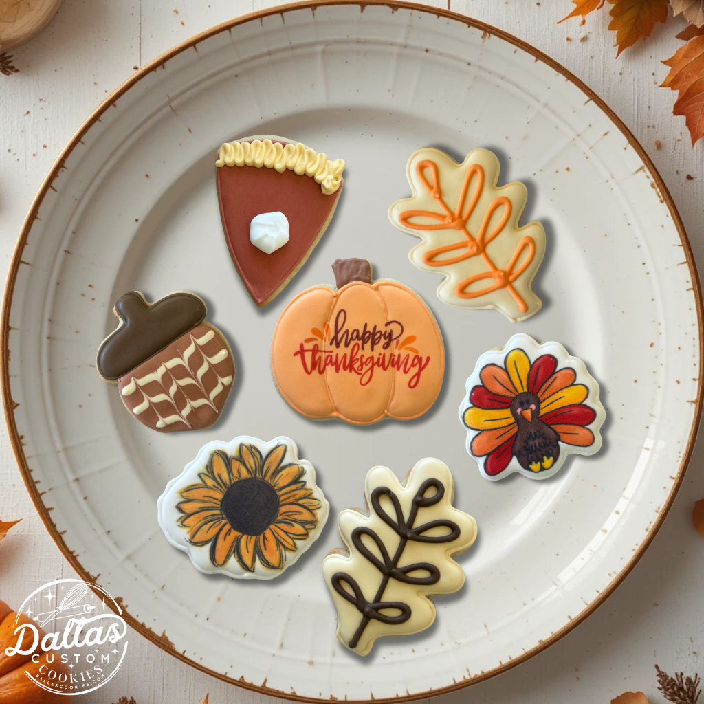 Thanksgiving Fall Themed Cookies, Pumpkin, Turkey, Pie,  Sunflower, Acorn --12 Count