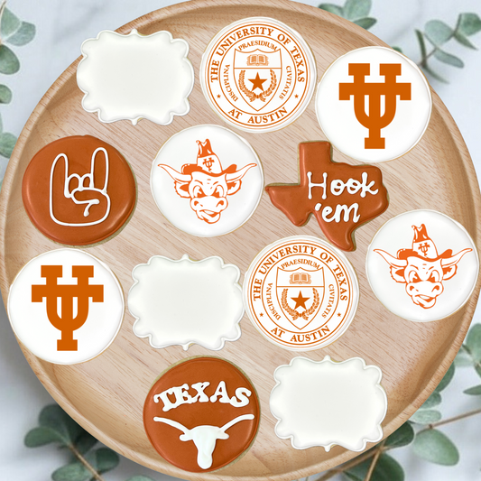 UT Austin University of Texas Longhorn Hook 'em Horns Hybrid Pre-designed /Hand Deco + Printed Graduation w/Live Preview & Custom Name-- 12 count