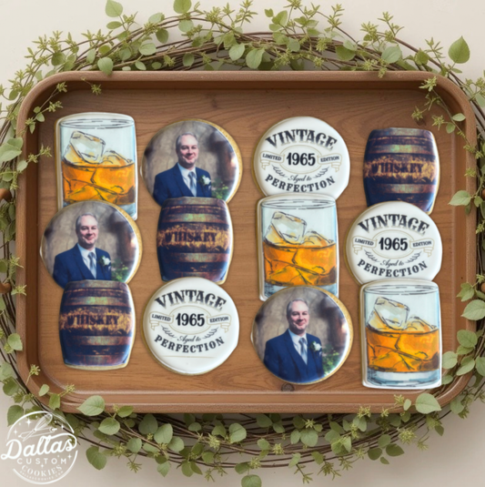 Personalized w/year & Photo Aged to Perfection Whiskey Themed Birthday Sugar Cookies--12 Count