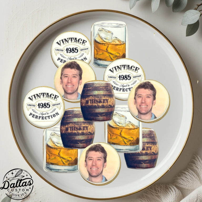Personalized w/year & Photo Aged to Perfection Whiskey Themed Birthday Sugar Cookies--12 Count
