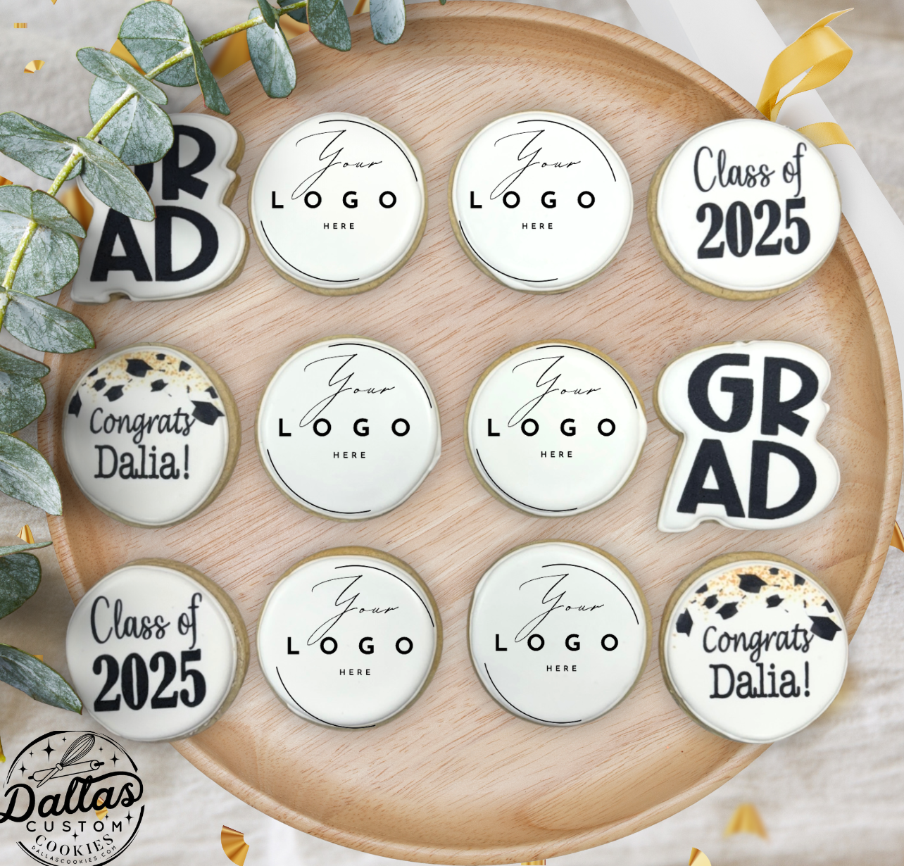Custom YOUR LOGO HERE Direct Printed Pre-Designed Set of Graduation Cookies "Live Preview"--12 Count
