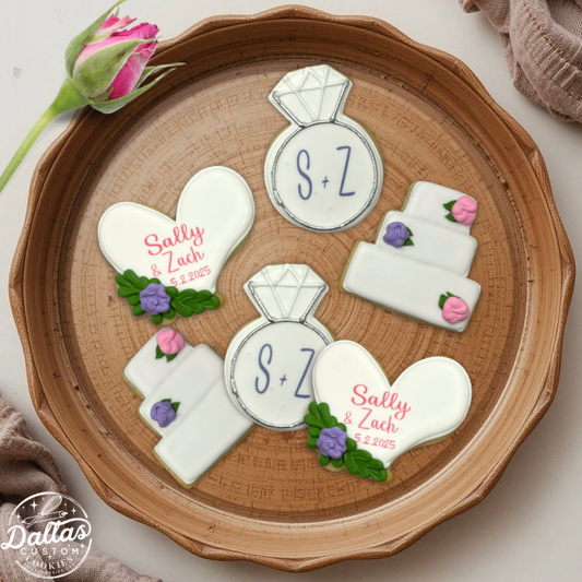 Floral Heart Bridal Engagement Cookies w/Couple's Names & Wedding Date & Wedding Cake & Engagement Rings-- 12 Count