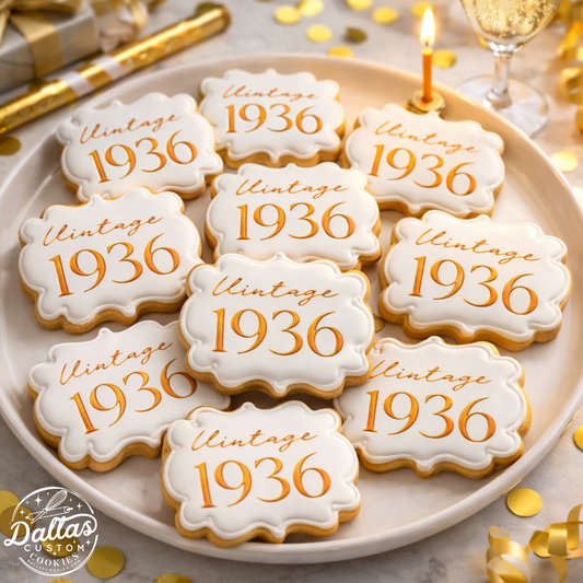 Vintage Birthday w/ Gold & White Birthday Cookie Set -- 12 Count