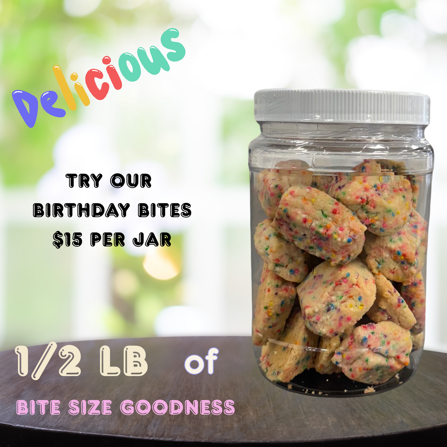 Jar of Birthday Bites - Buttery Shortbread Crunchy Cookies w/Sprinkles --1/2 Pound Cookies