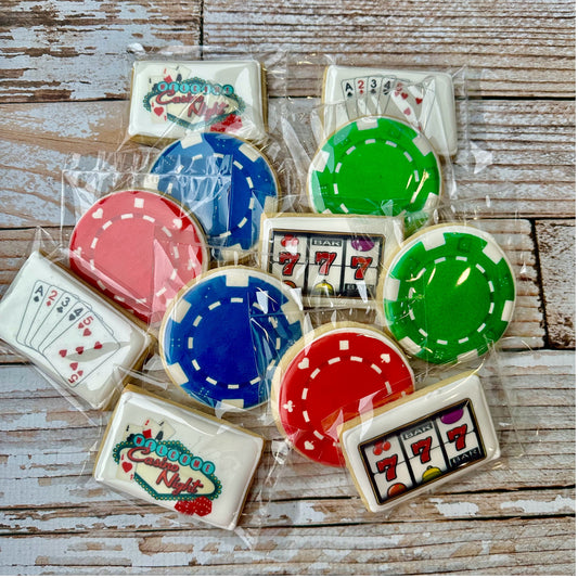Casino Night Themed Poker Chips & Deck of Cards Slot Machine Decorated Party Cookies --12 Count