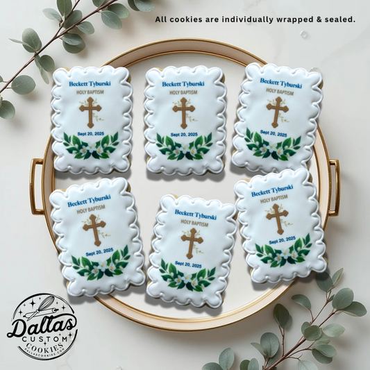 Boy Christening Baptism Scalloped Rectangle w/greenery & Name Cookies--12 Count