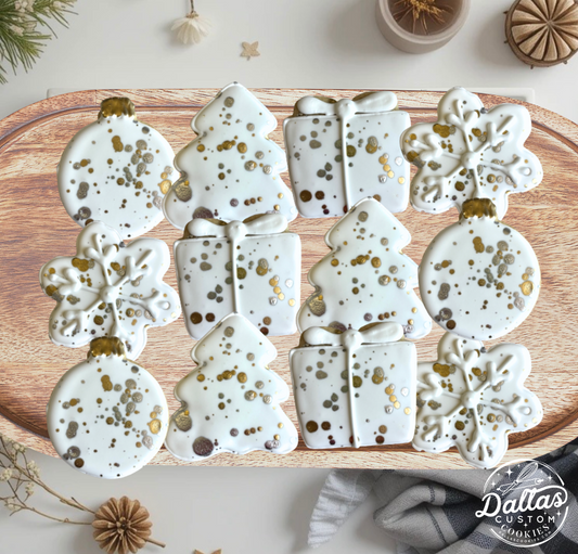 White Christmas Silver & Gold Hand-Crafted Hand Decorated 2025 Holiday Cookie Gift Set – Christmas Cookies--12 Count