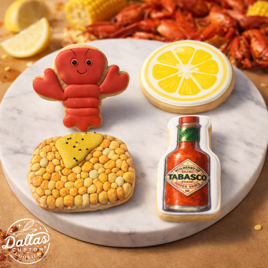 Crawfish Boil Theme Decorated Cookie Set Corn, Tabasco, Lemon--12 Count