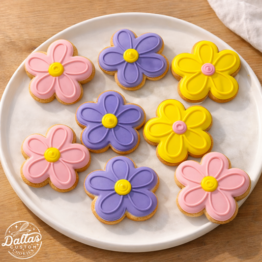 Spring Daisy Flowers Florals Pink, Purple, Yellow Flower Cookies --12 Count