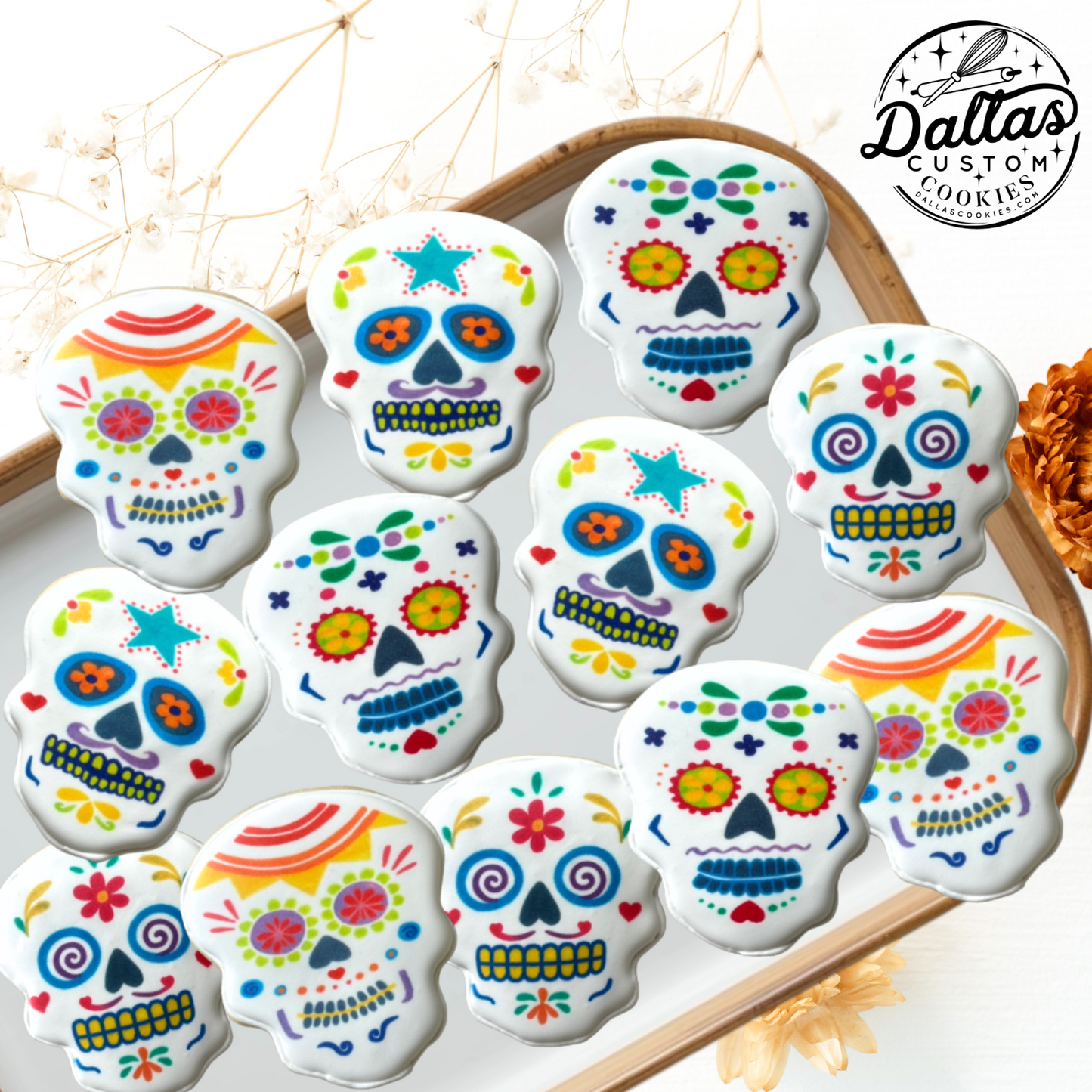 Day of the Dead Sugar Skull Decorated Sugar Cookies Día de los Muertos Halloween Sugar Skull Cookies--12 Count