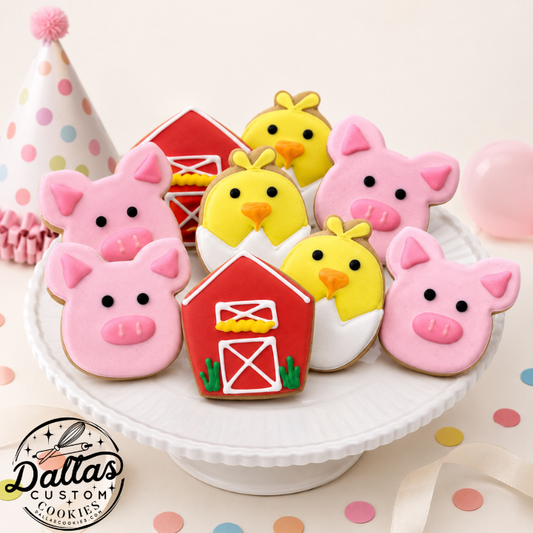 Hand decorated Farm Chick Barn Pig Barnyard Animal Farm Themed Cookies--12 Count