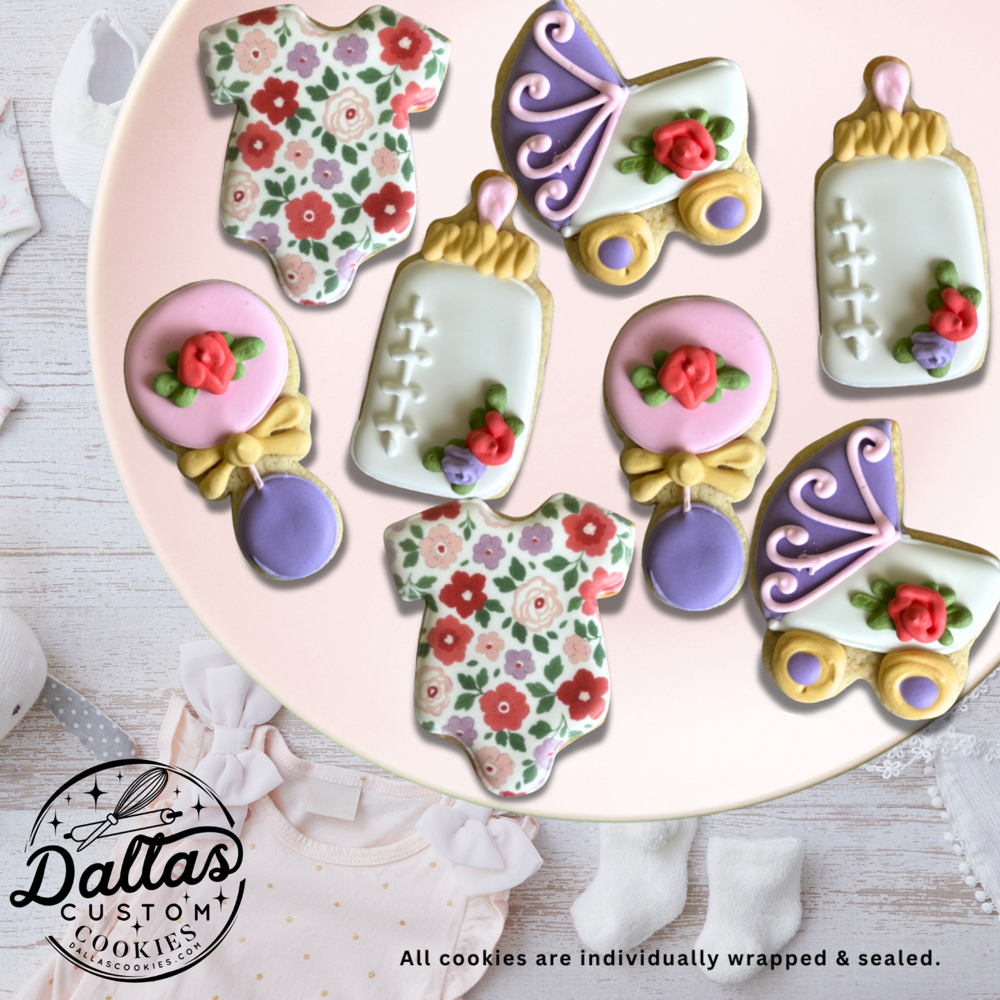 Floral Baby Shower Pinks/Reds/Purple Baby Shower Cookies--12 Count