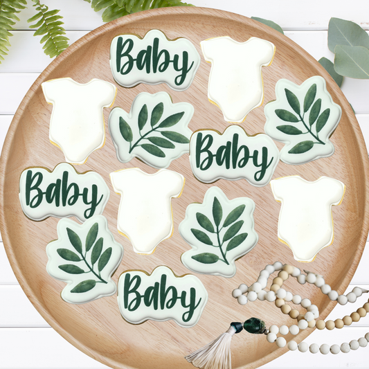 Green Stems w/Baby Text + Build Your Own Custom Patterned Onesie w/Neutral Green Stems for Baby Shower Cookies w/Live Preview--12 Count