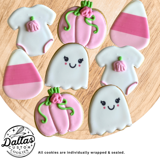 Candy Corn Fall Pink Girl Cute Ghosts & Onesie Halloween Pumpkin Baby Shower Cookies --12 Count