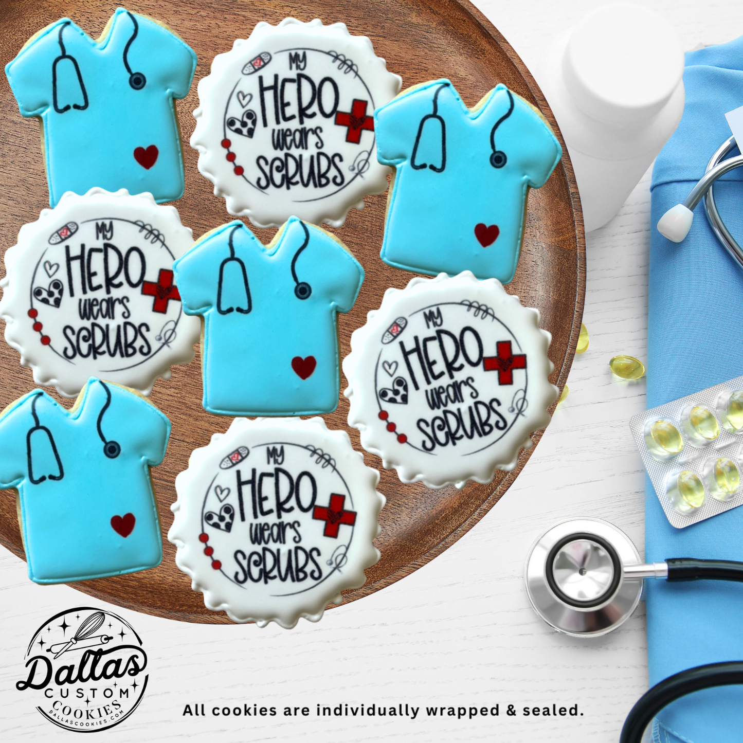 Medical Nurse or Doctor Scrub Top with Stethoscope + Healthcare Hero Themed Cookies--12 Count