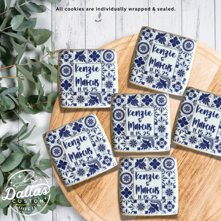 Customized Blue Spanish Tile Birthday or Bridal Shower Cookies -- 12 Count