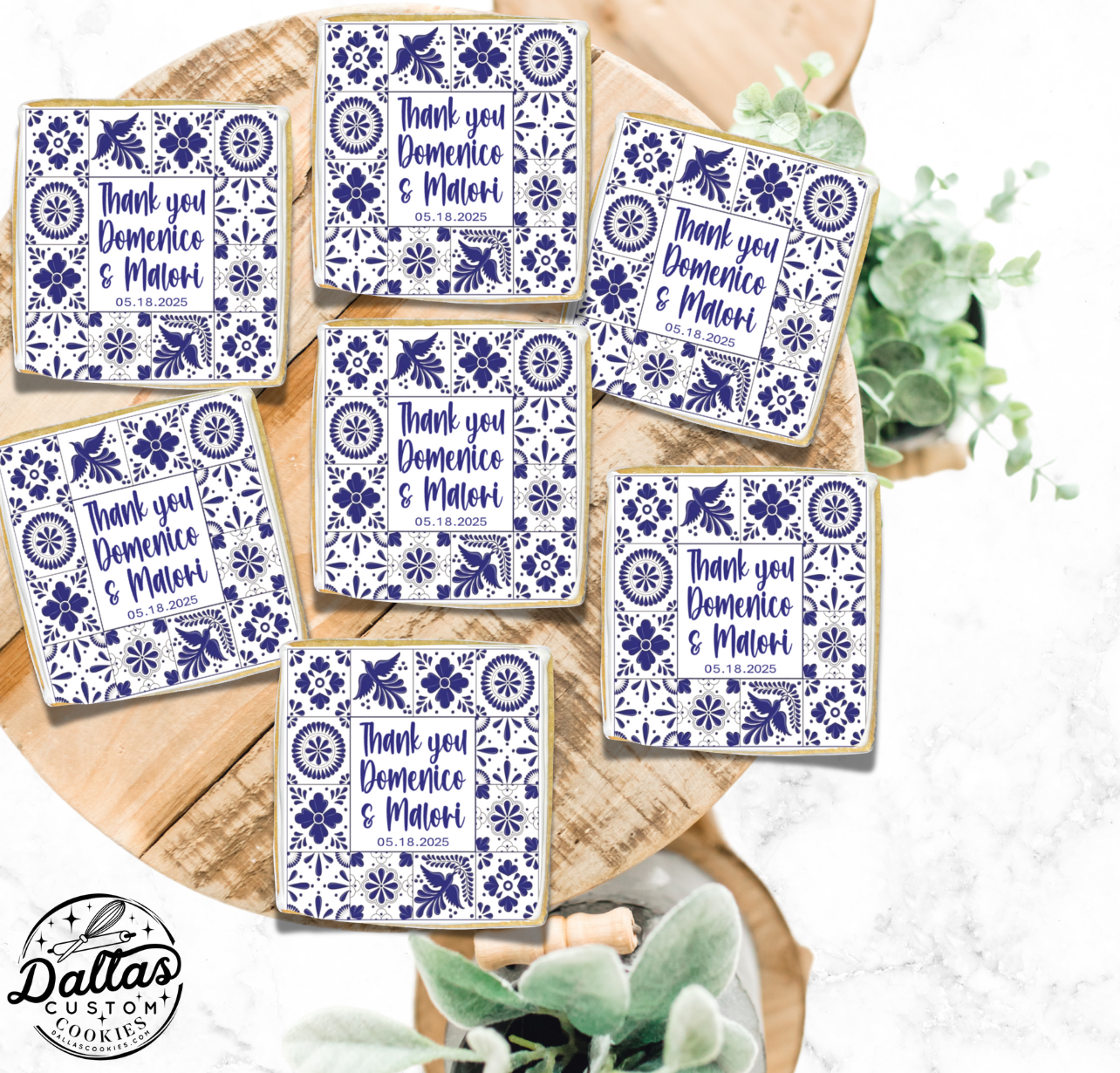 Customized Blue Spanish Tile Birthday or Bridal Shower Cookies -- 12 Count