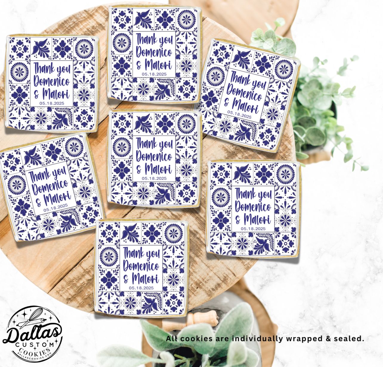 Customized Blue Spanish Tile Birthday or Bridal Shower Cookies -- 12 Count