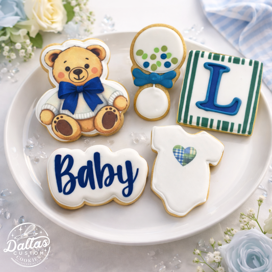 Teddy Bear Shape w/initial Navy Green Stripes Baby Shower or Birthday Cookies--12 Count