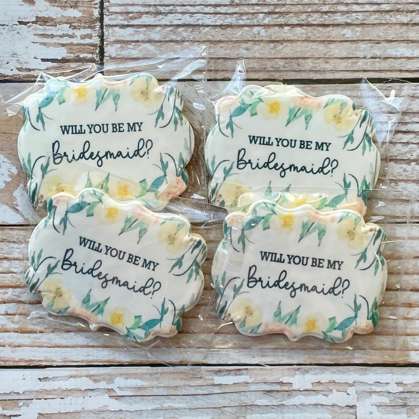 Will you be my Bridesmaid Plaque Shaped Yellow/pink Floral Cookies--12 Count