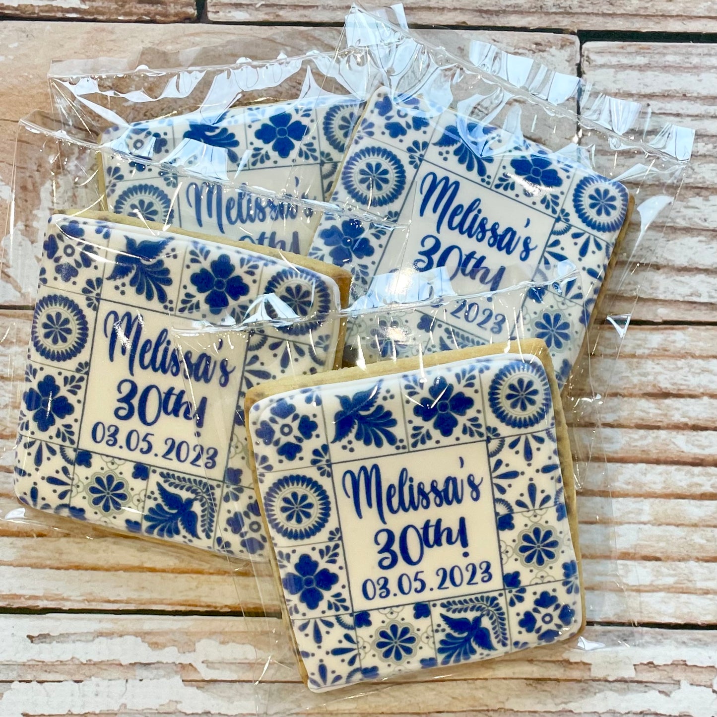 Customized Blue Spanish Tile Birthday or Bridal Shower Cookies -- 12 Count