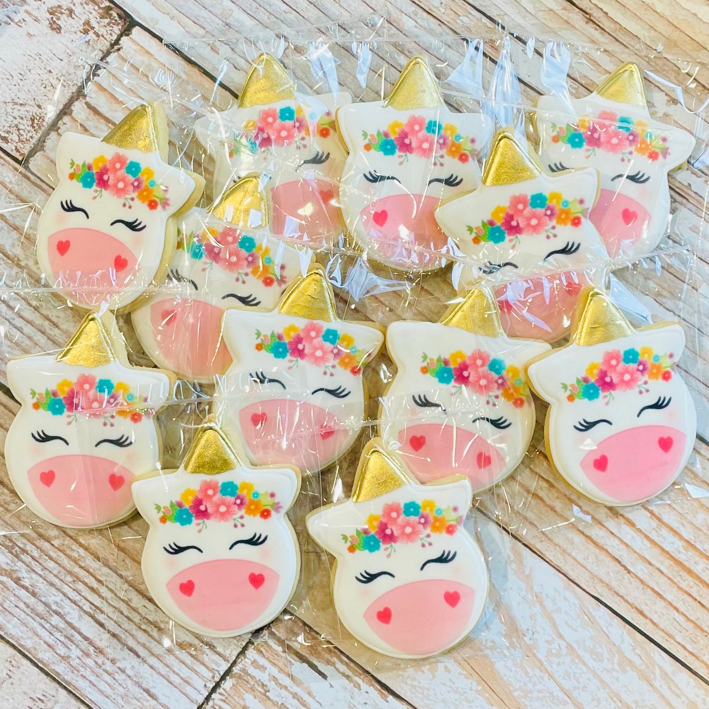 Unicorn Shaped Cookies with Gold & Floral--12 Count